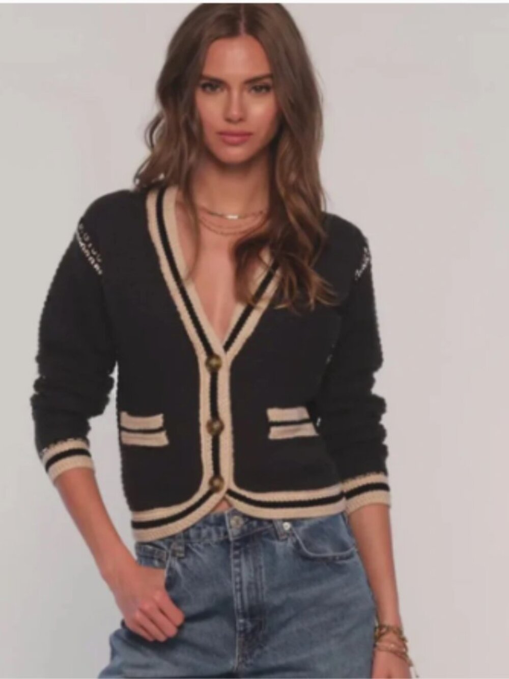 Heartloom Womens SZ Medium Kenya Cardigan Sweater Black Beige Button Down Pocket
